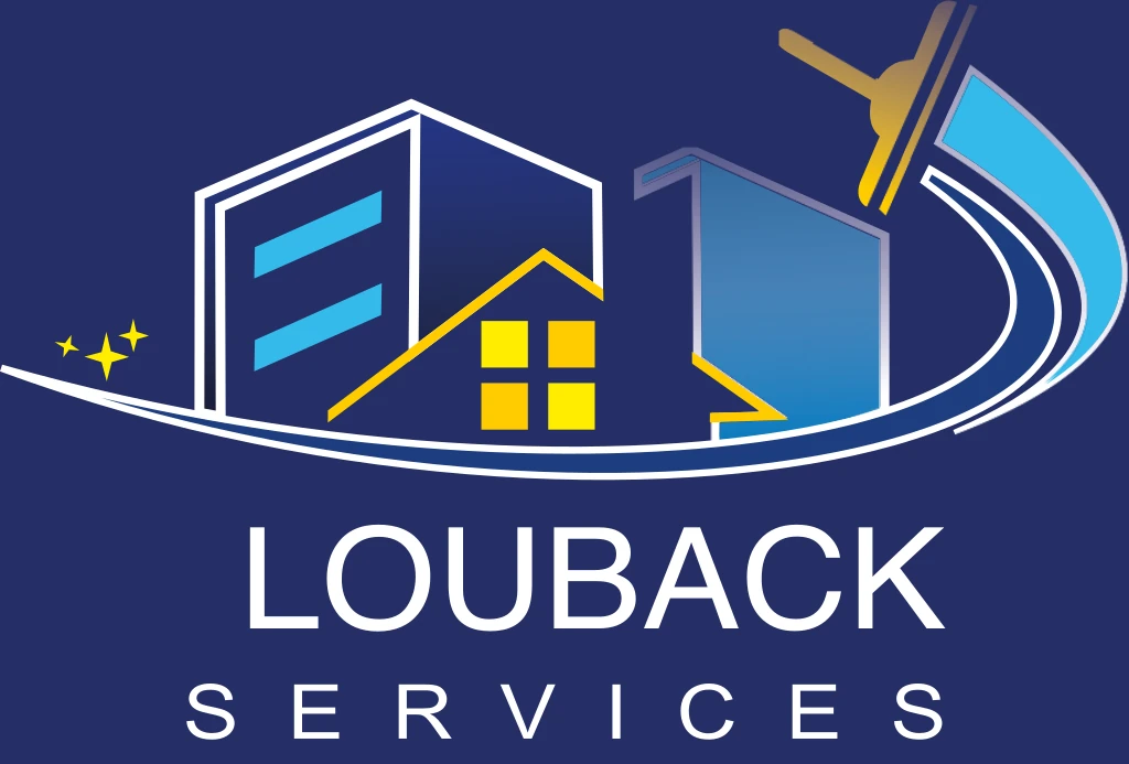 The Louback Services logo: an office building, a house and a squeegee under a sweep of light